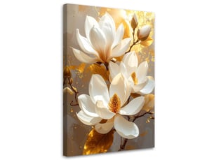 Image sur toile, magnolias blancs aux reflets dorés sur fond chaud 40x60