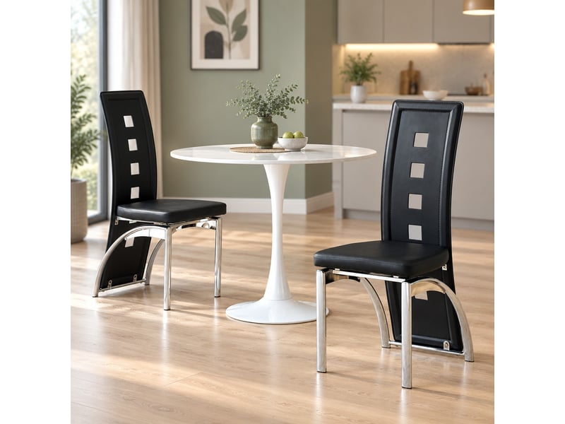 Lot de 2 chaises de salle à manger à dossier ajouré - assise rembourrée, pu noir et métal argenté, 102,5 cm - Conforama C