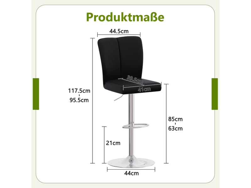  Lot de 2 tabourets de bar réglables,63x85 cm,similicuir et métal argenté,noir  - Conforama C