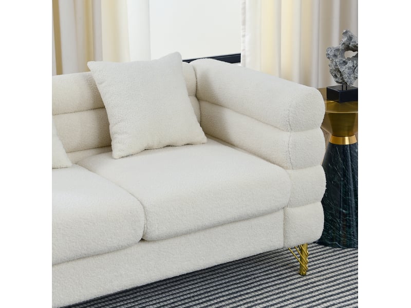  Canapé 5 places 3+2 blanc en tissu bouclette, pieds en métal doré et coussins décoratifs assortis  - Conforama E