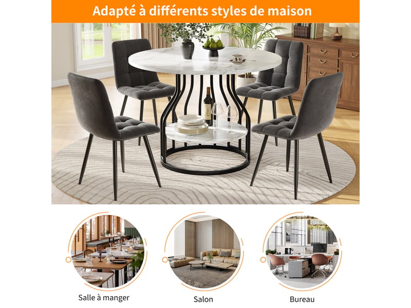  Table ronde 80x80x76 cm avec rangement inférieur, plateau mdf motif marbre et pieds réglables, noir  - Conforama R