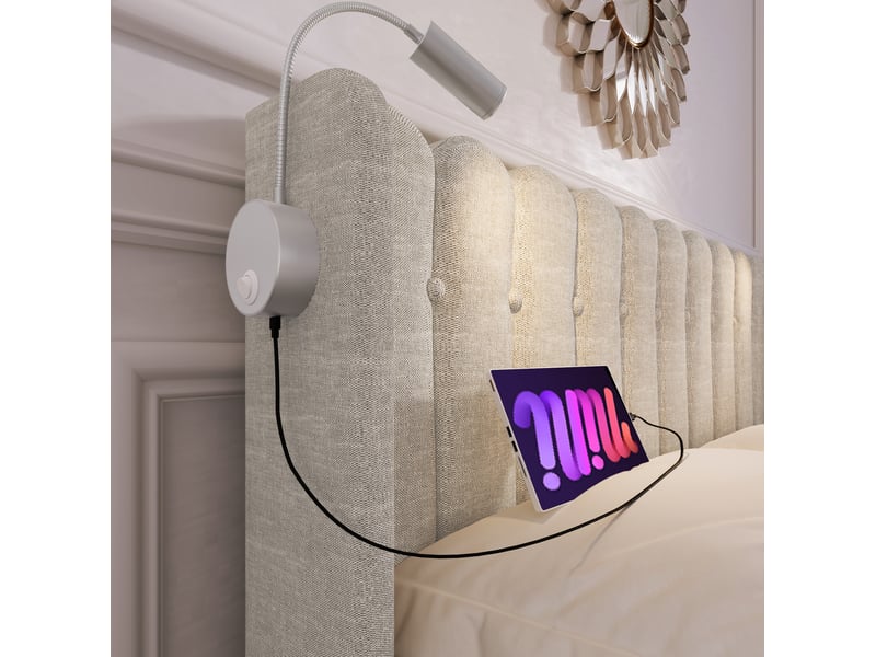  Lit coffre 160x200 cm beige en tissu avec tête de lit, éclairage led et usb, rangement intégré – matelas non inclus  - Conforama E
