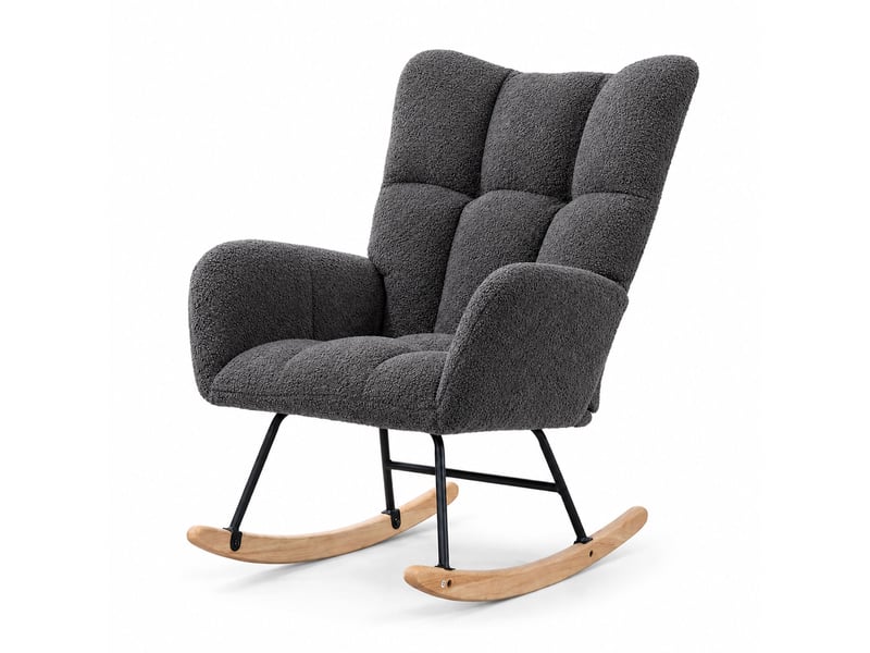  Fauteuil à bascule teddy gris, fauteuil rocking-chair ergonomique avec dossier haut et accoudoirs rembourrés, base en bois massif, chaise de relaxation pour salon, chambre et chambre bébé  - Conforama A