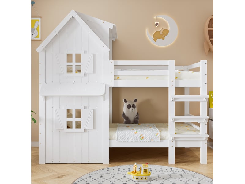  Lit superposé enfant 90x200 cm blanc avec toit, fenêtres et échelle  - Conforama B