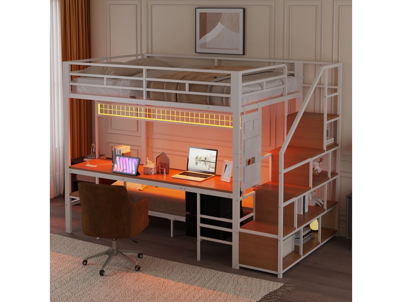 Lit mezzanine enfant en métal et mdf blanc 140 x 200 cm avec couchage inférieur 90 x 200 cm - Conforama C