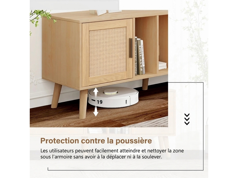 Meuble tv 180 cm aspect bois et rotin 2 portes 1 tiroir - pour écran 80 pouces  - Conforama E