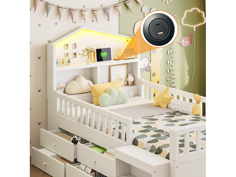  Lit 1 place, 90x200 cm, 4 tiroir, led, recharge, solution de rangement, matelas non inclus, mdf et pin, coloris blanc  - Conforama D