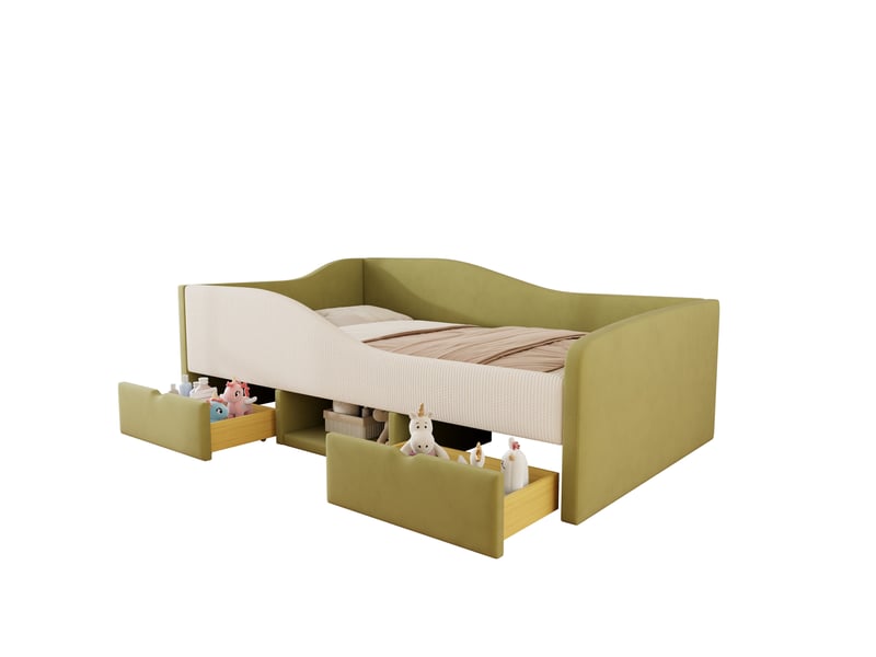  Lit enfant avec rangements 90 x 190 cm, vert foncé et blanc ivoire, avec 2 tiroirs, sans matelas  - Conforama A