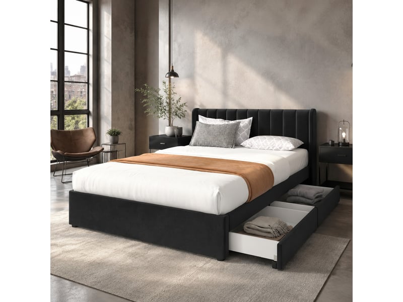  Lit adulte 140x200 en velours avec sommier et 2 tiroirs noir cravdom  - Conforama C