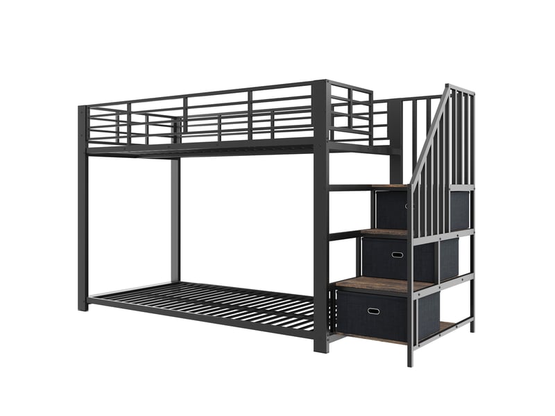 Lit superposé 90x200 cm avec escalier de rangement led et usb, métal noir, sans matelas - Conforama E
