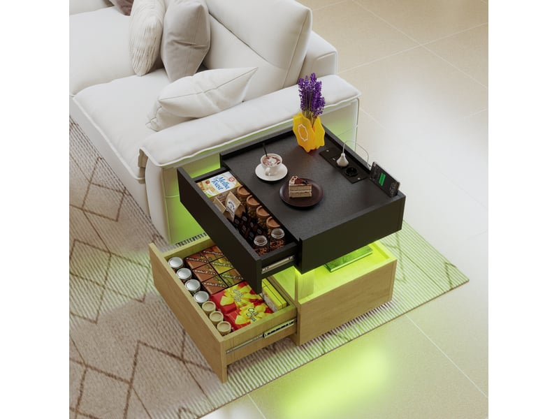  Table de chevet avec charge sans fil, led, usb et 2 tiroirs 50x40x50 cm noir naturel  - Conforama E