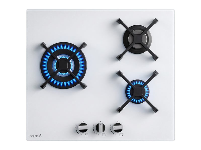 Beldeko plaque gaz 3 foyers 6200 w - verre blanc - brûleur double couronne - grilles en fonte - marque française - Conforama A