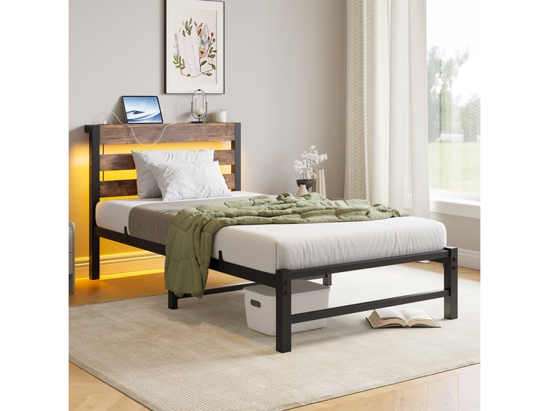  Lit coffre 90 x 200 cm,avec cadre, éclairage led, station de chargement usb, , noir brun  - Conforama C