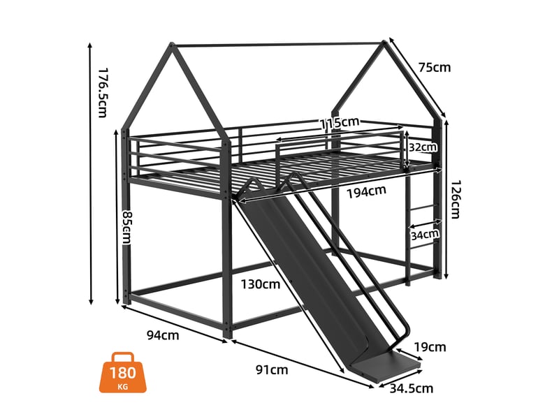  Lit superposé enfant 90 × 190 cm 2 places avec toboggan et barrières de sécurité, sans matelas, en métal noir  - Conforama D