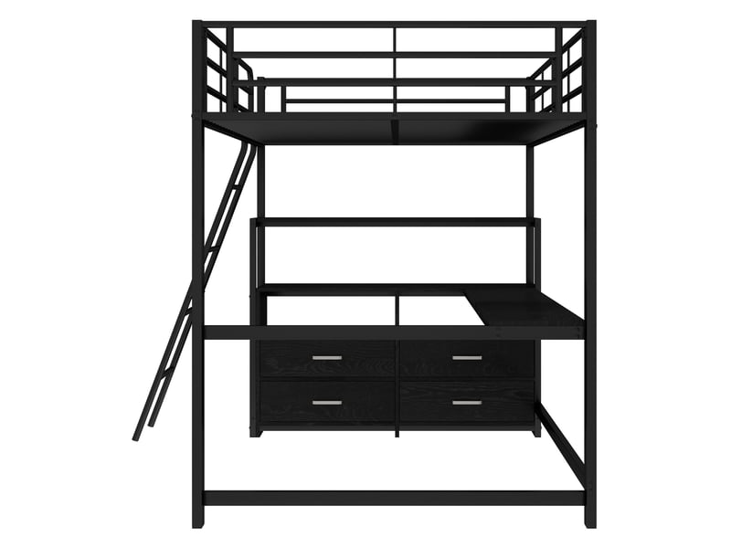  Lit mezzanine 140x200 cm avec bureau, rangement et led, mdf et métal, noir, sans matelas  - Conforama E