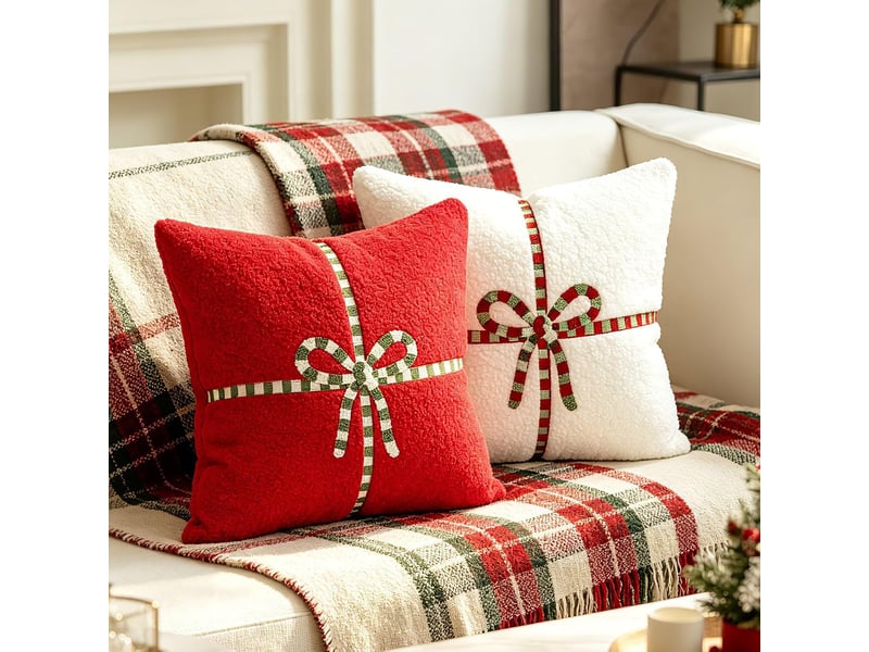  Lot de 2 housses de coussin noël 45 x 45 cm, blanc doux avec motif nœud cadeau, décoration canapé salon, blanc  - Conforama B