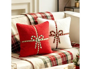 Lot de 2 housses de coussin noël 45 x 45 cm, blanc doux avec motif nœud cadeau, décoration canapé salon, blanc