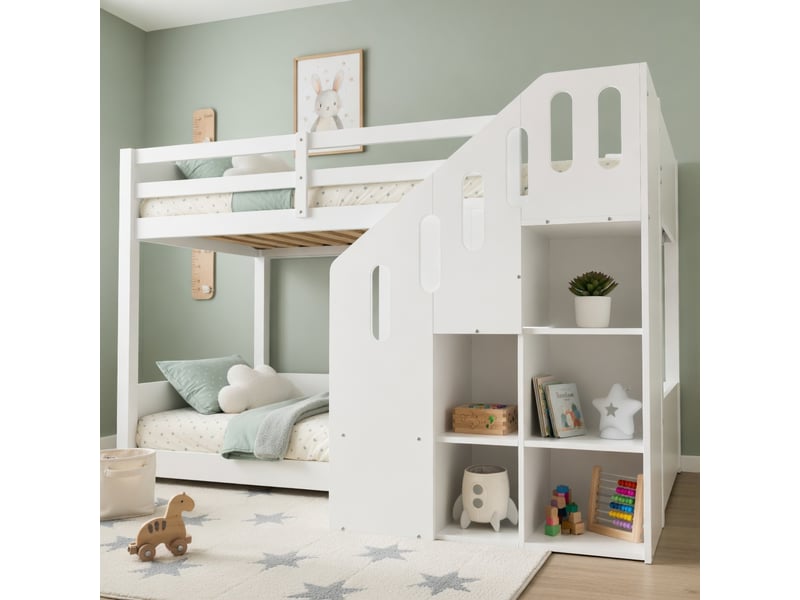  Lit superposé en bois massif blanc 90x200 cm  - Conforama B