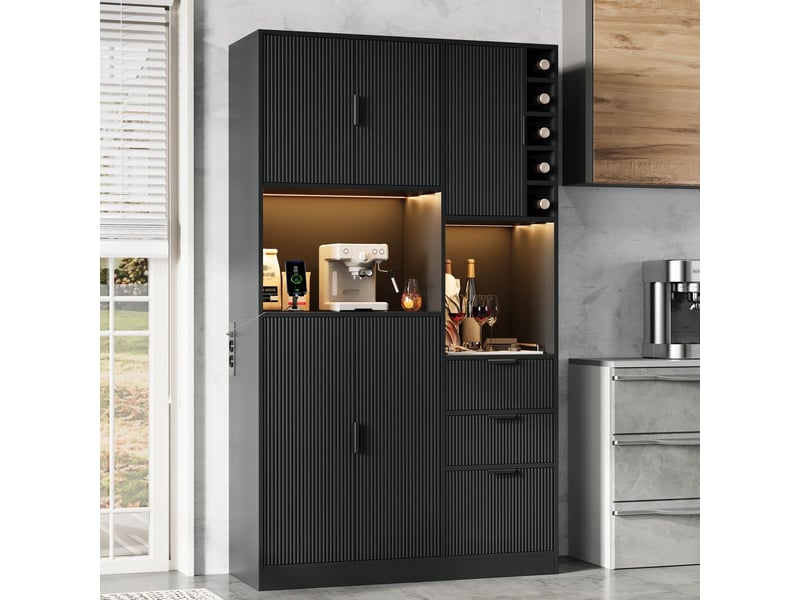  Meuble de rangement 180 x 105 x 40 cm meuble haut meuble à vin étagères réglables 3 tiroirs casier à bouteilles éclairage led à couleurs changeantes prises intégrées  - Conforama B