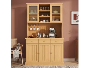 Buffet haut ulevr 120 x 40 x 191 cm avec portes vitrées, porte-verres, rangement à plusieurs niveaux, prises intégrées et ports usb-cusb-a, bois naturel, panneau de particules