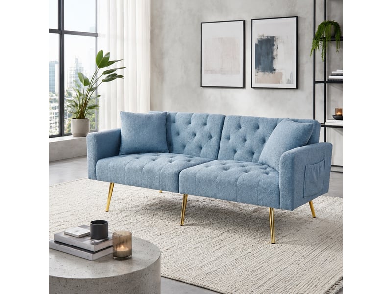  Canapé convertible 2 places avec dossier réglable 3 positions et 2 coussins, pieds métalliques dorés, en tissu teddy bleu  - Conforama B