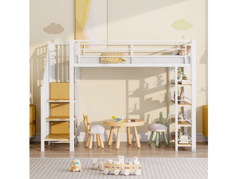  Modenvie lit mezzanine 90x200 cm - avec escalier de rangement, penderie et étageres - blanc  - Conforama B