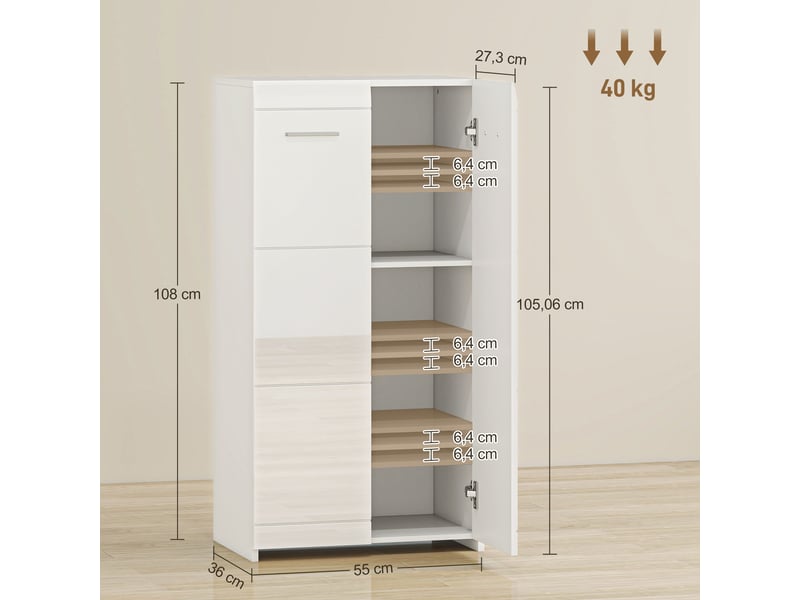  Meuble à chaussures 10 paires, armoire à chaussures à haute brillance 5 niveaux, étagères réglables, 55x36x108cm, blanc  - Conforama D