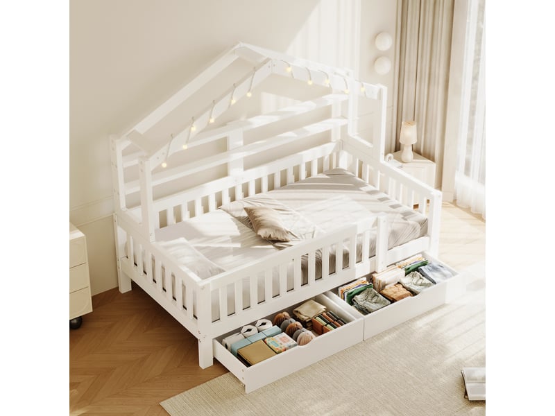 Lit cabane 90x200cm pour enfant avec toit, led, 2 tiroirs de rangement, barrières de sécurité, mdf et pin - blanc - Conforama B