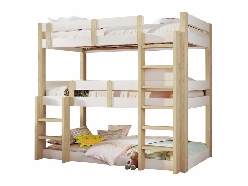 Lit superposé 90x190 cm - lit triple - avec échelle de sécurité - blanc + naturel (matelas non inclus)  - Conforama A