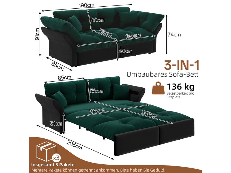  Canapé 2 places 3-en-1  190x85x91 cm en velours vert  - Conforama C