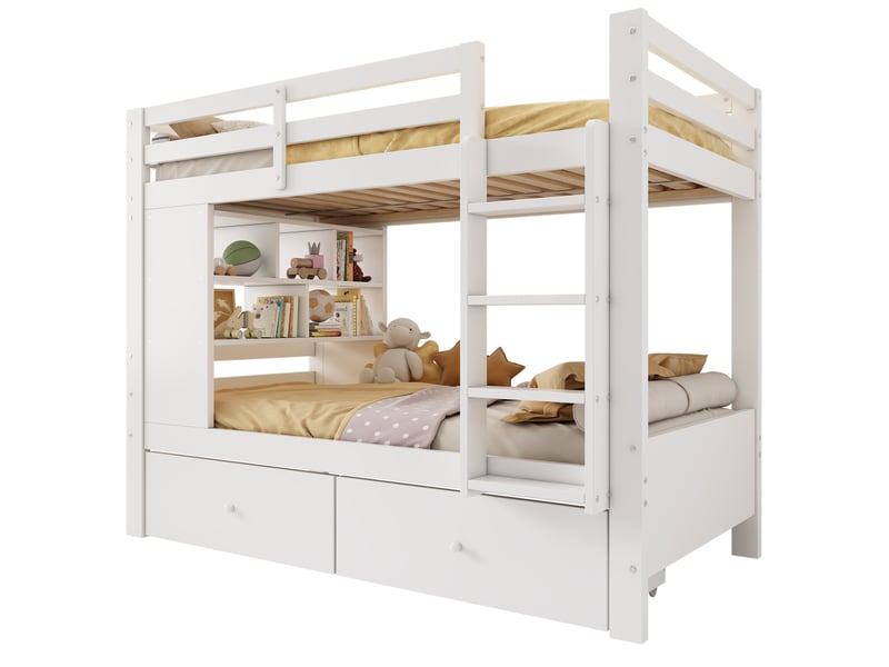  Lit superposé 90 × 200 cm 2 places avec 2 tiroirs, étagère et barrière, sans matelas, en bois, blanc  - Conforama A