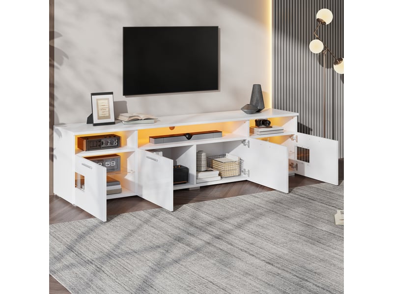  Meuble tv 180 cm blanc, led bluetooth, 4 portes, niches ouvertes et tablettes en verre Fay Lum - Conforama B