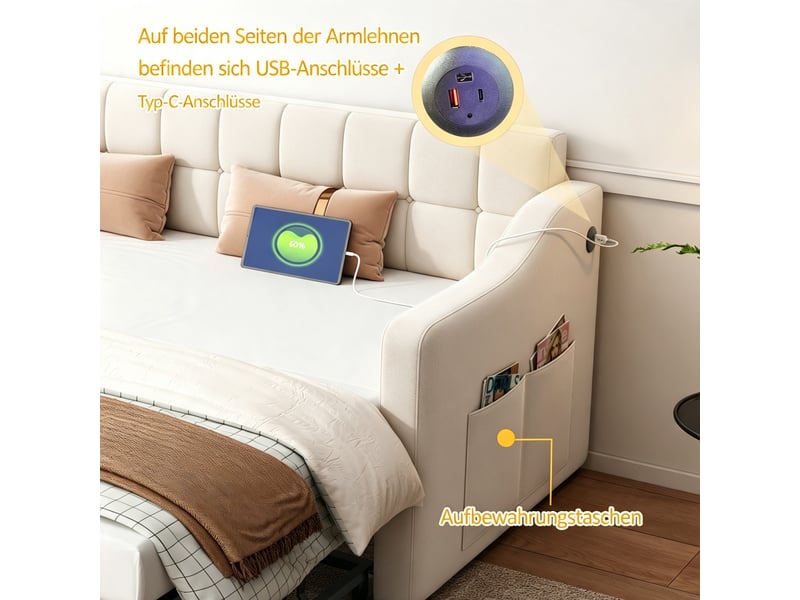  Lit gigogne 90x190 cm - lit banquette convertible 2 en 1 - usb - sommier bois et métal - beige  - Conforama E