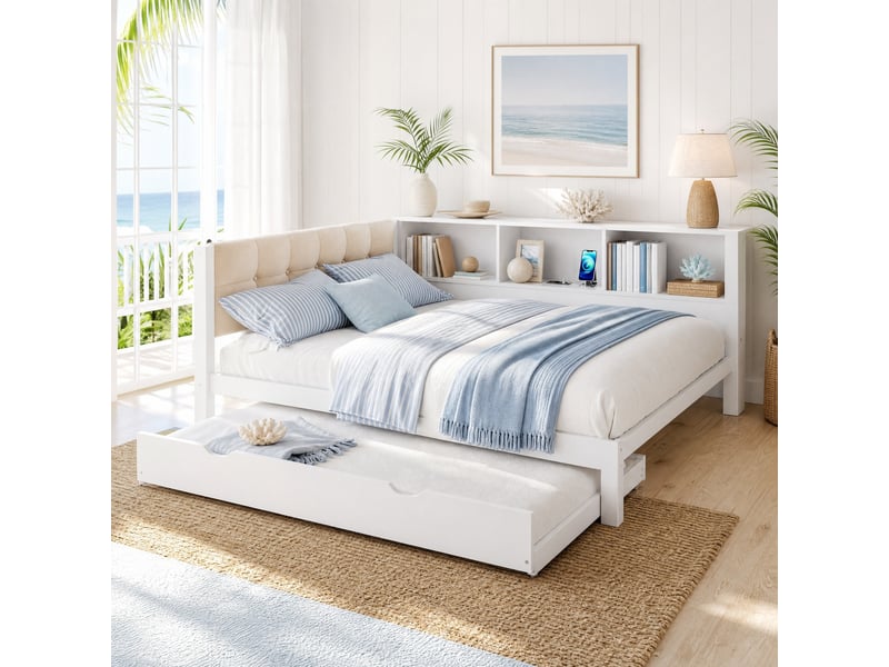  Lit gigogne 140x200 cm avec étagères, led et usb en bois de pin blanc  - Conforama D