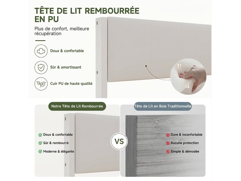  Lit enfant 90x200 avec rangement mdf blanc - tête rembourrée pu led usb  - Conforama E
