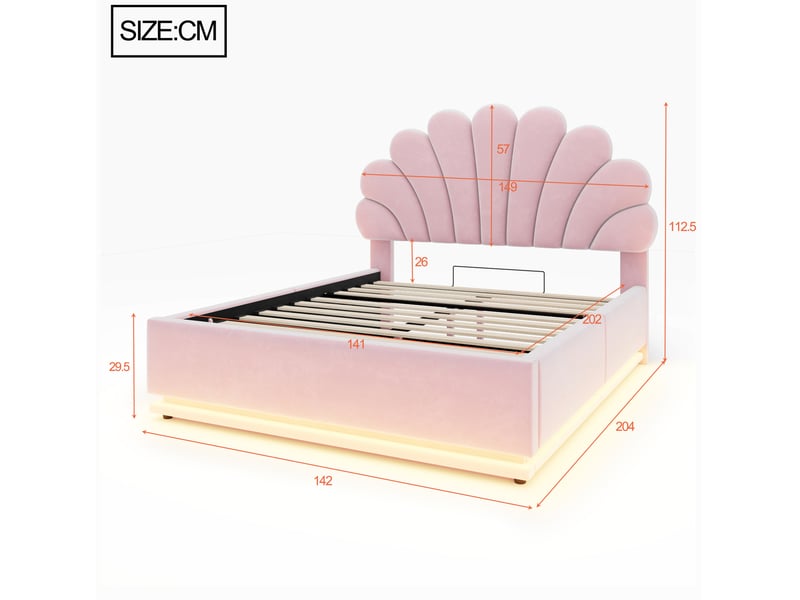  Lit double 140 × 200 cm avec coffre hydraulique, tête de lit fleurie et éclairage led rose pour chambre adulte  - Conforama C