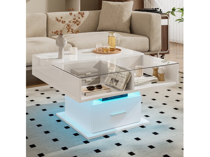  Table basse relevable led avec 1 tiroir et 1 niche, style moderne, pour salon, en panneau de particules, blanc  - Conforama C