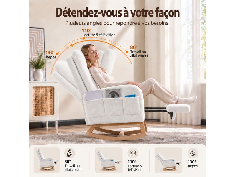Fauteuil à bascule avec repose‑pieds, fauteuil d’allaitement en tissu teddy blanc, dossier haut ergonomique, poche latérale, chaise relax pour salon, chambre et espace bébé - Conforama B
