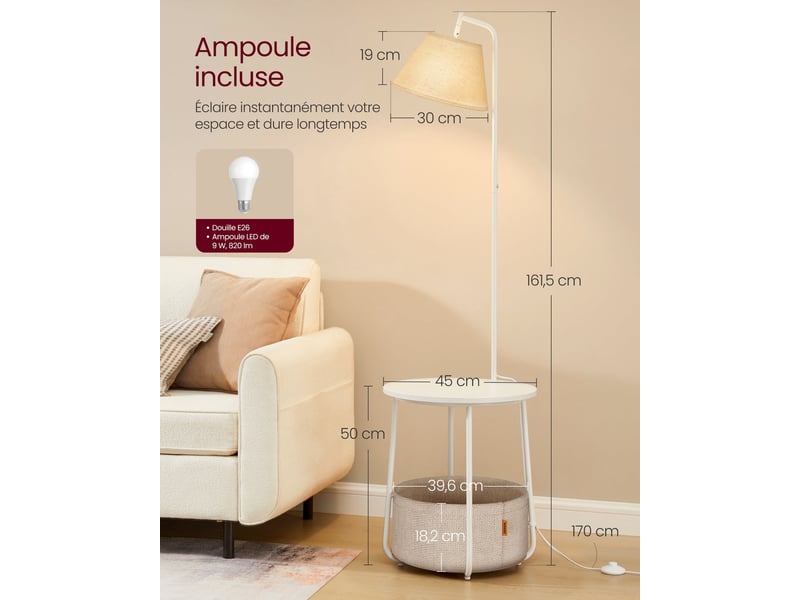  Lampadaire avec table d'appoint design moderne salon 45 cm diamètre 161,5 cm en acier blanc mat 12_0012250  - Conforama B