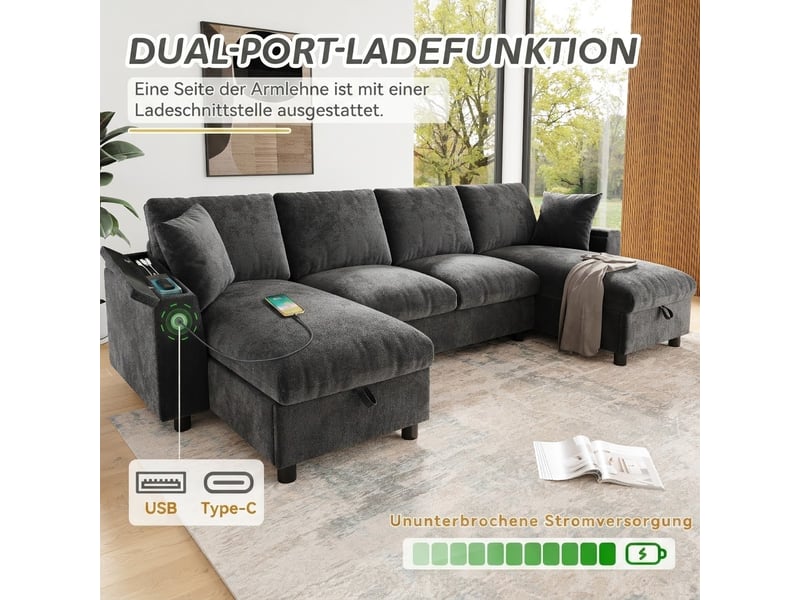  Canapé panoramique 2 places gris en chenille, 279 × 135 × 84 cm, avec rangement et usb et type-c, pour salon  - Conforama D