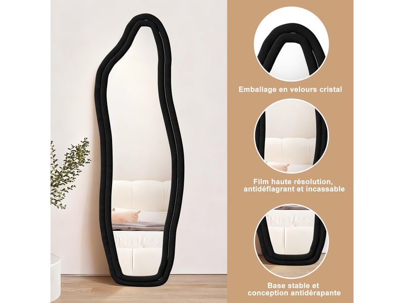  Miroir sur pied - 140x45cm - design irrégulier - cadre velours - miroir psyché pleine longueur incassable - noir  - Conforama D
