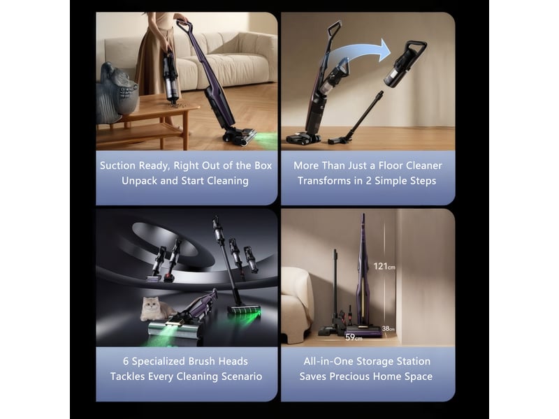  Aspirateur balai laveur p40 prow sans fil 450w45kpa 60 min-écran led nettoyage humide sèche 560ml220ml-tous types de sols  - Conforama E