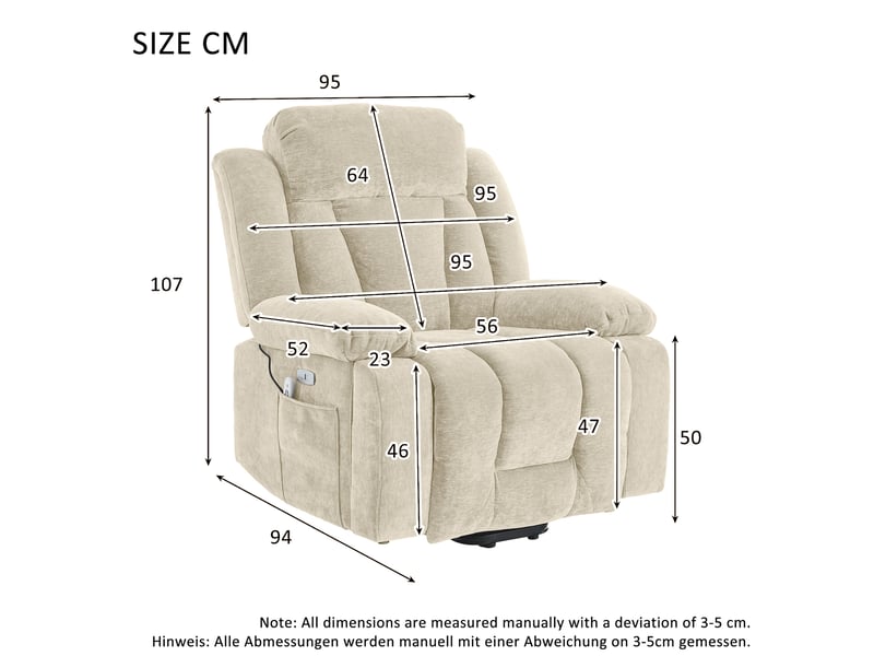  Fauteuil relax électrique,95x94x107 cm,avec massage et releveur,tissu,beige  - Conforama C