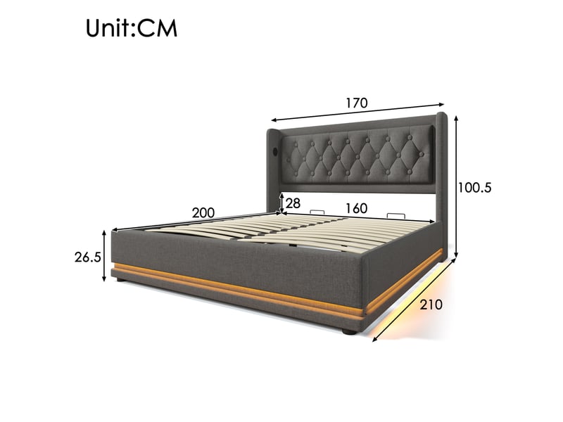  Lit coffre 160 × 200 cm 2 places avec led, usb et type-c, tête de lit rembourrée, matelas inclus, coton gris  - Conforama D