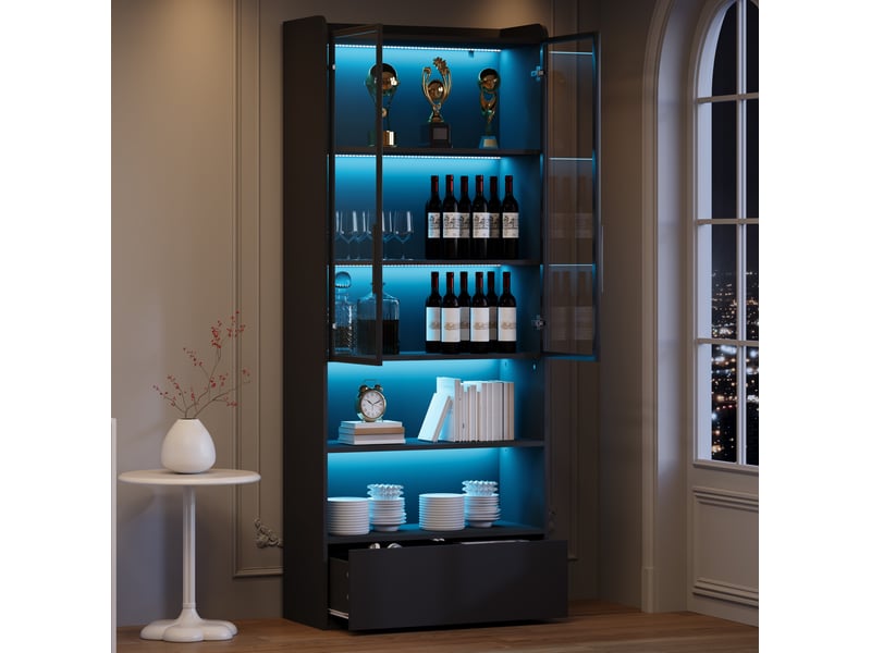  Vitrine 80x34x180 cm, led, espace de rangement, porte en verre, 1 tiroirs, bibliothèque, salon, en verre et mdf, noir  - Conforama D
