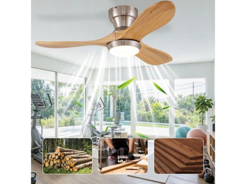 Ventilateur plafond encastrable avec éclairage, 3 pales en bois, télécommande, 6 vitesses, réversible, 3cct  - Conforama D