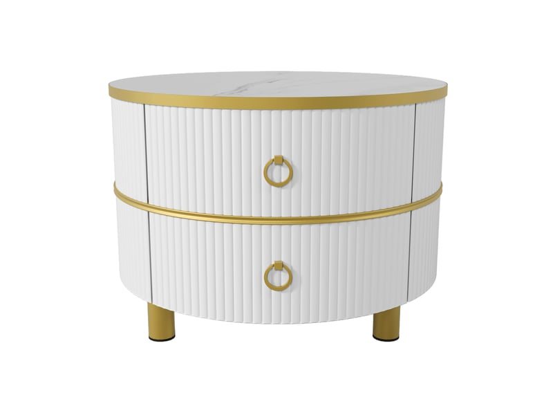  Table basse ronde 2 en 1 en mdf, plateau brillant et effet marbre, 2 tiroirs, or et blanc  - Conforama E