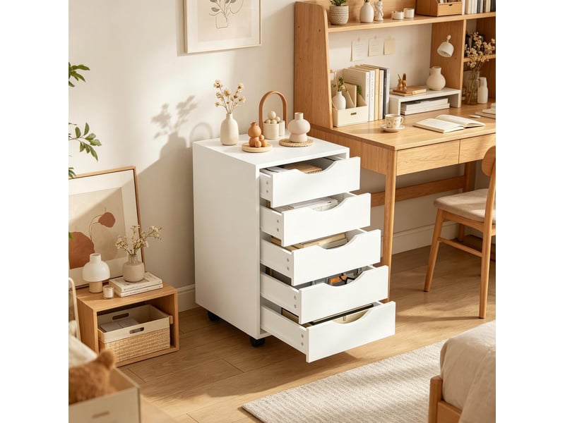  Caisson de bureau mobile 40x40x66,5 cm – blanc – 5 tiroirs, roulettes 360° avec freins intégrés  - Conforama B