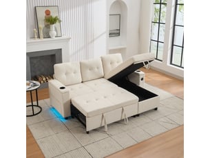 Canapé d’angle droit convertible 3 places 208x146 cm avec couchage 176x122 cm, rangement caché, led, usbusb-c, tissu beige