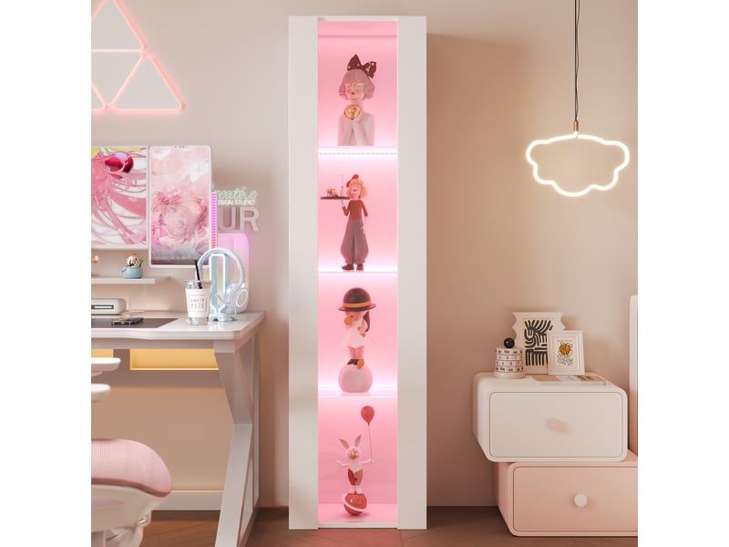  Vitrine blanche à 4 niveaux avec éclairage led connecté, 40 x 29 x 170 cm, panneaux acryliques  - Conforama B